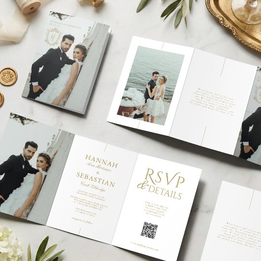 Oud geld  Crest bruiloft trifold uitnodiging