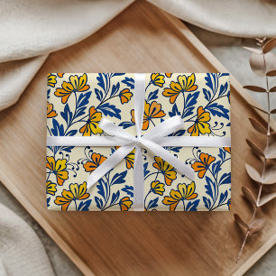 Oud Gele Oker Volk Bloem Blauw Blad Cadeaupapier