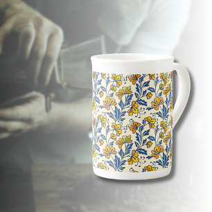 Oud Gele Oker Volk Bloem Blauw Blad Porselein Kop