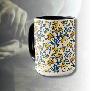 Oud Gele Oranje Folk Bloemmotief Blauwe Blad Mok
