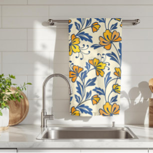 Oud Gele Oranje Folk Bloemmotief Blauwe Blad Theedoek