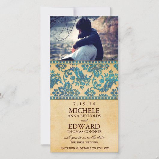 Oud Hemelsblauw Damast Kant Save the Date (Voorkant)