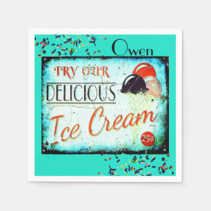 Oud ijszaak bord turquoise wit servetten