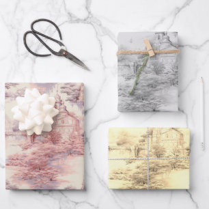 Oud Kasteel Modern rood Toile de Jouy patroon Inpakpapier Vel