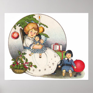 Oud Kerstfeest, Gelukkig Meisje Speelt met Poppen Poster