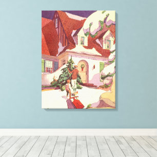 Oud Kerstfeest, Gezins huis in de sneeuw Canvas Afdruk
