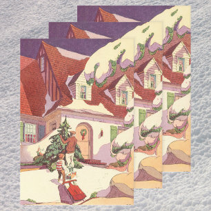 Oud Kerstfeest, Gezins huis in de sneeuw Inpakpapier Vel