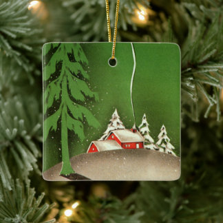 Oud kerstfeest, huis in besneeuwd bos keramisch ornament