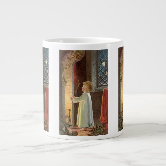 Oud Kerstfeest, kind dat zich verwarmt bij de open Jumbo Mok (Voorkant)