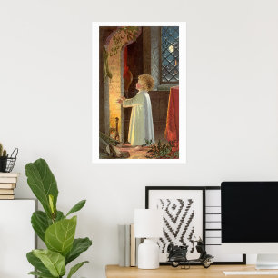 Oud Kerstfeest, Kind dat zich verwarmt bij de open Poster