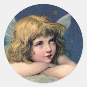 Oud Kerstfeest, Mooie Engel met Gouden Sterren Ronde Sticker