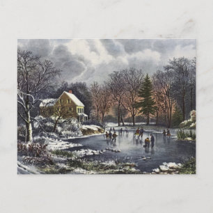 Oud Kerstfeest, Vroege Winter Schaatsers op een Vi Feestdagenkaart