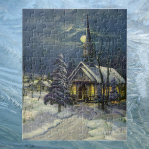 Oud Kerstfeest, Winterkerk in de sneeuw met maan Legpuzzel