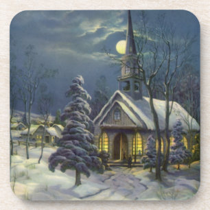 Oud kerstfeest, winterkerk in de sneeuw met maan onderzetter