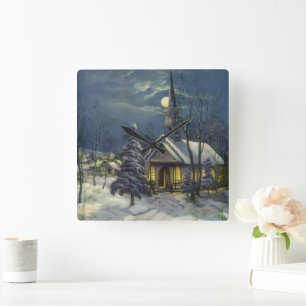 Oud Kerstfeest, winterkerk in de sneeuw met maan Vierkante Klok