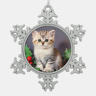 Oud Kerstkatje en Hulst Tin Sneeuwvlok Ornament