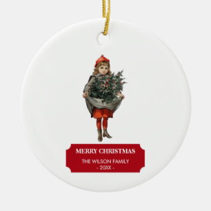 Oud Kerstmeisje & Hulstbessen Festief Keramisch Ornament