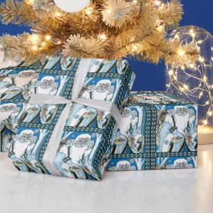 Oud Kerstmis, Blauwe Kerstman met Sneeuwbol Cadeaupapier
