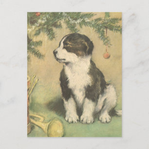 Oud Kerstmis, Cute Puppy Onder Kerstboom Feestdagenkaart