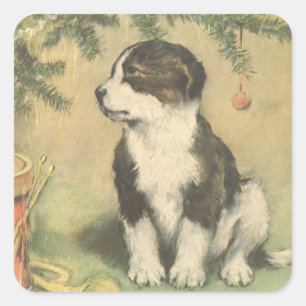 Oud Kerstmis, Cute Puppy Onder Kerstboom Vierkante Sticker