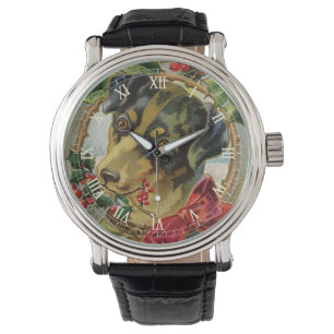 Oud Kerstmis, Dachshund Puppy Hond met Hulst Horloge