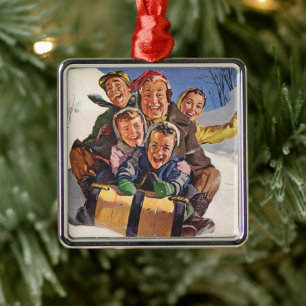 Oud Kerstmis, Gelukkig Gezin dat met een Glijbaan Metalen Ornament