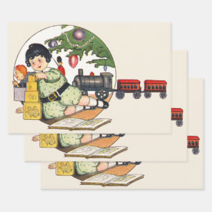 Oud Kerstmis, Gelukkig Jongen Speelt met Speelgoed Inpakpapier Vel