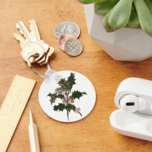Oud Kerstmis, groene hulstplant met bessen Sleutelhanger