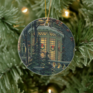 Oud Kerstmis, Huis met Kransen in de Ramen Keramisch Ornament