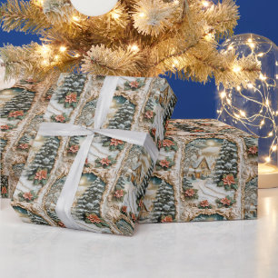 Oud Kerstmis-huisje met Poinsettia-bloemen Cadeaupapier