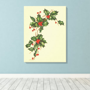Oud Kerstmis, Hulstplant met Rode Bessen Canvas Afdruk