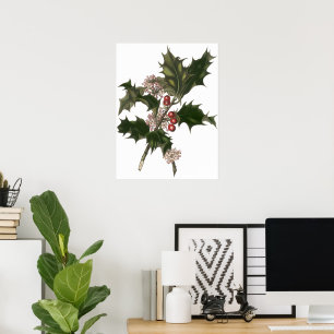 Oud Kerstmis, Hulstplant met Rode Bessen Poster