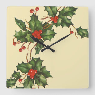 Oud Kerstmis, Hulstplant met Rode Bessen Vierkante Klok