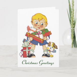 Oud Kerstmis, Jongen met Cadeaus en Hondje Feestdagen Kaart