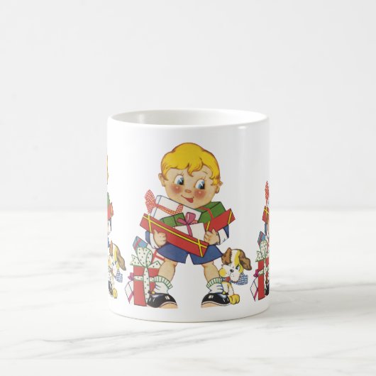 Oud Kerstmis, Jongen met Cadeaus en Hondje Koffiemok (Center)