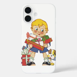 Oud Kerstmis, Jongen met Cadeaus en Puppies iPhone 16 Hoesje