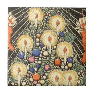 Oud Kerstmis, Kerstboom met Kaarsen en een Ster Tegeltje