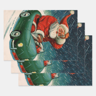 Oud Kerstmis, Kerstman in een Cute Auto Inpakpapier Vel