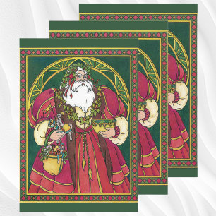 Oud Kerstmis, Kerstman met Hulstblaadjes Inpakpapier Vel