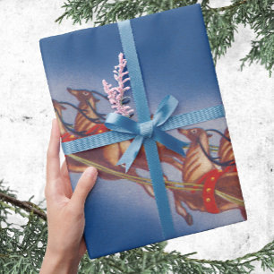 Oud Kerstmis, Kerstman vliegt met slee en rendiere Cadeaupapier