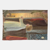 Oud Kerstmis, kind dat zich warmt bij de open haar Theedoek (Horizontaal)