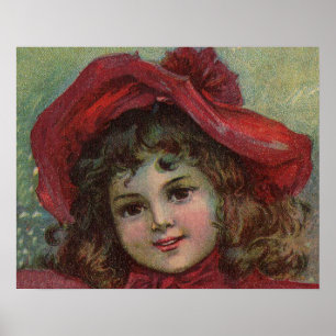 Oud Kerstmis kind Kunst rode Victoriaanse jurk Poster
