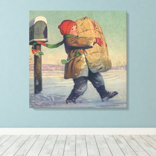 Oud Kerstmis, Kind met Groot Pakket Canvas Afdruk (Insitu (Houten vloer))
