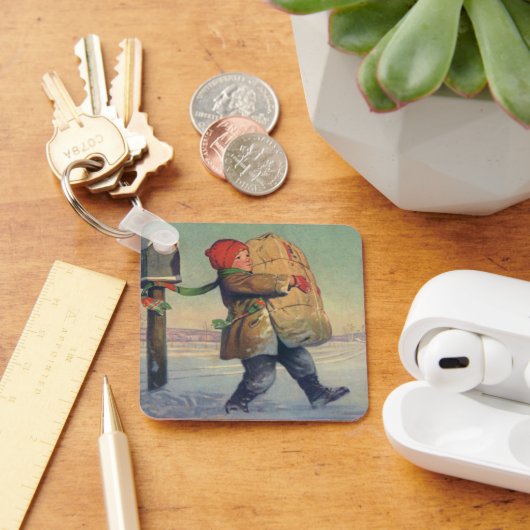 Oud Kerstmis, kind met groot pakket Sleutelhanger (Bureau)