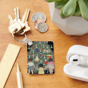 Oud Kerstmis Kinderen Rond Een Versierde Boom Sleutelhanger