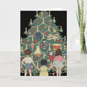 Oud Kerstmis Kinderen Rondom een Versierde Kerstbo Feestdagen Kaart