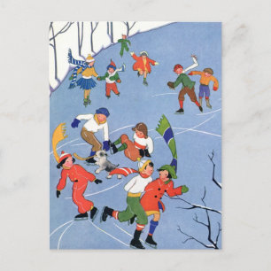 Oud Kerstmis, Kinderen schaatsen op een meer Feestdagenkaart