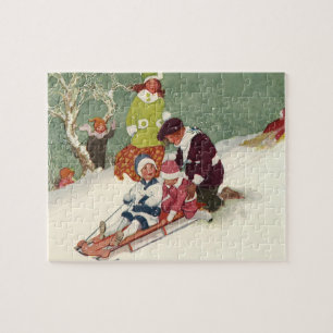Oud Kerstmis, Kinderen Sleden in de Sneeuw Legpuzzel