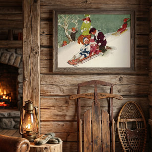 Oud Kerstmis, Kinderen Sleden in de Sneeuw Poster