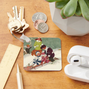 Oud Kerstmis, Kinderen sleeën in de sneeuw Sleutelhanger